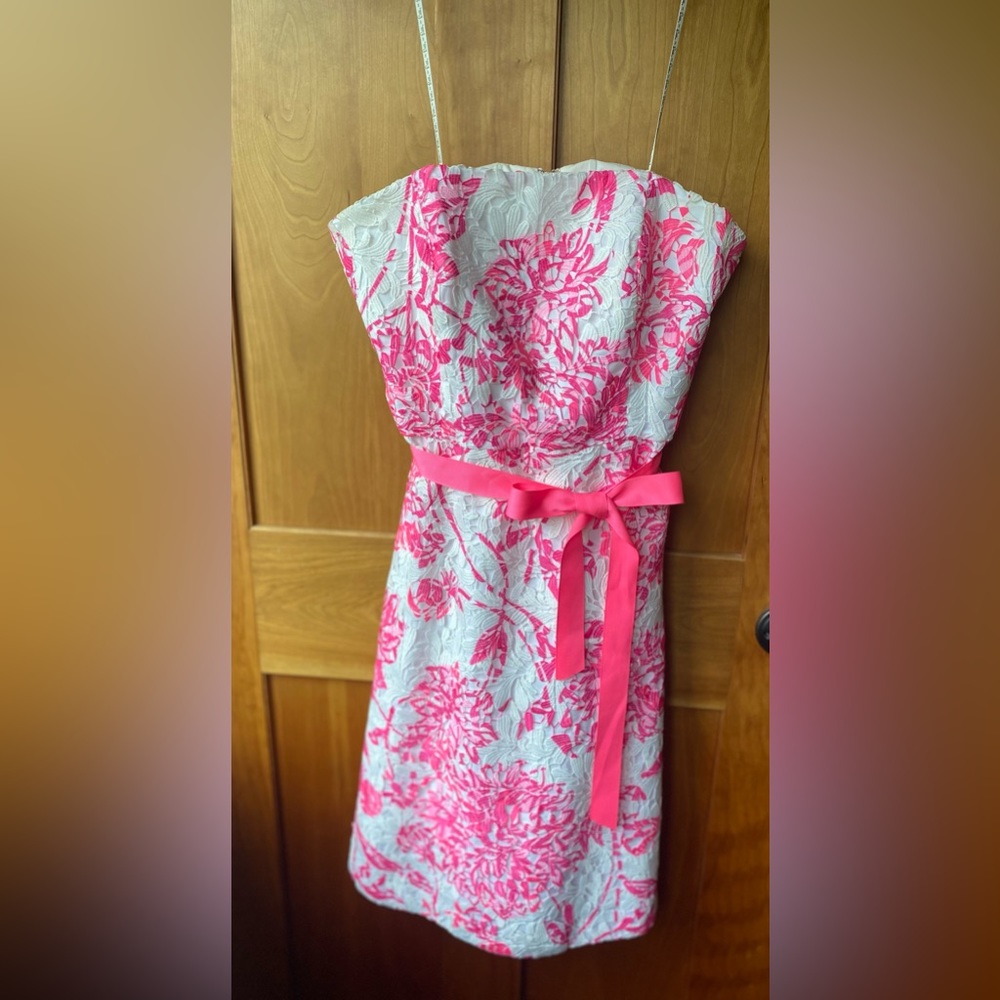 Lilly Pulitzer White Dress with Hot Pink Floral Print and Pink Belt